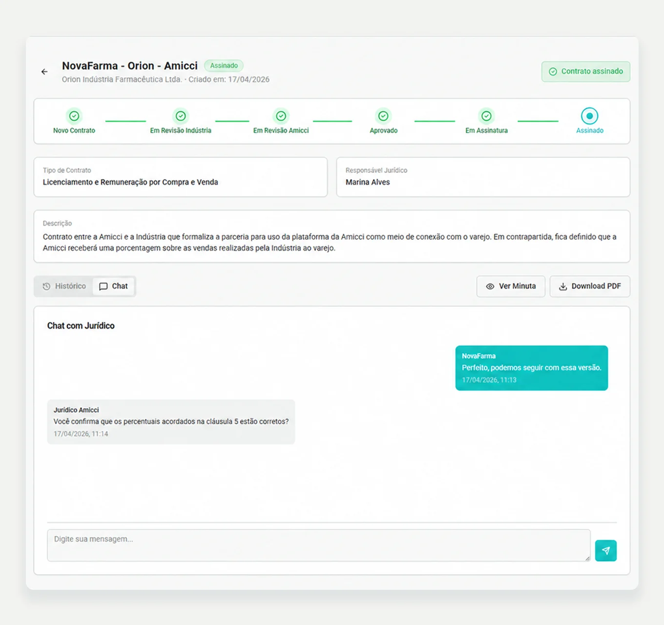 Comunicação contextual — conversa vinculada ao próprio contrato, sem separar mensagem e processo.