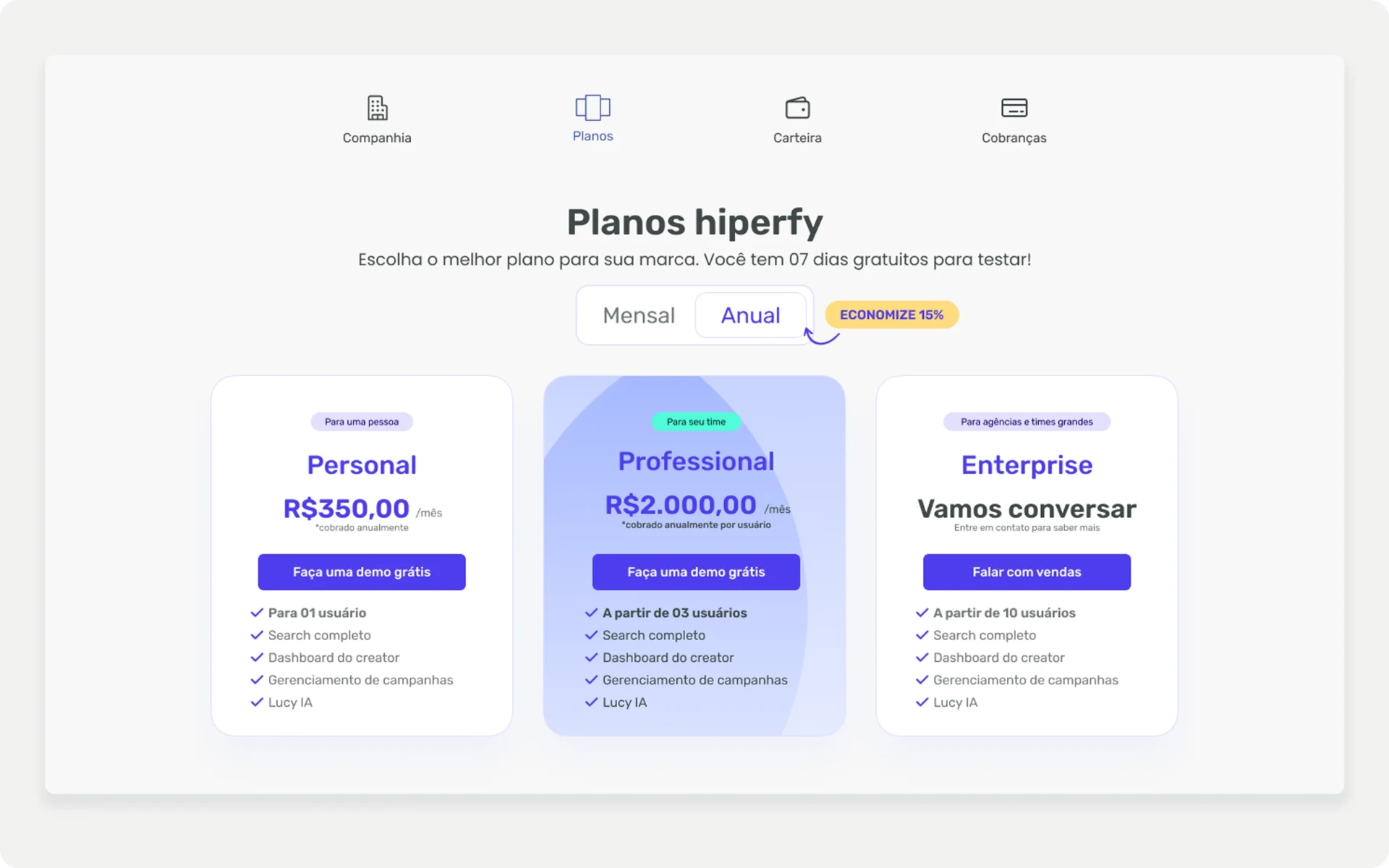 Planos — o modelo comercial traduzido em uma experiência que ajudava o usuário a compreender a proposta da plataforma.