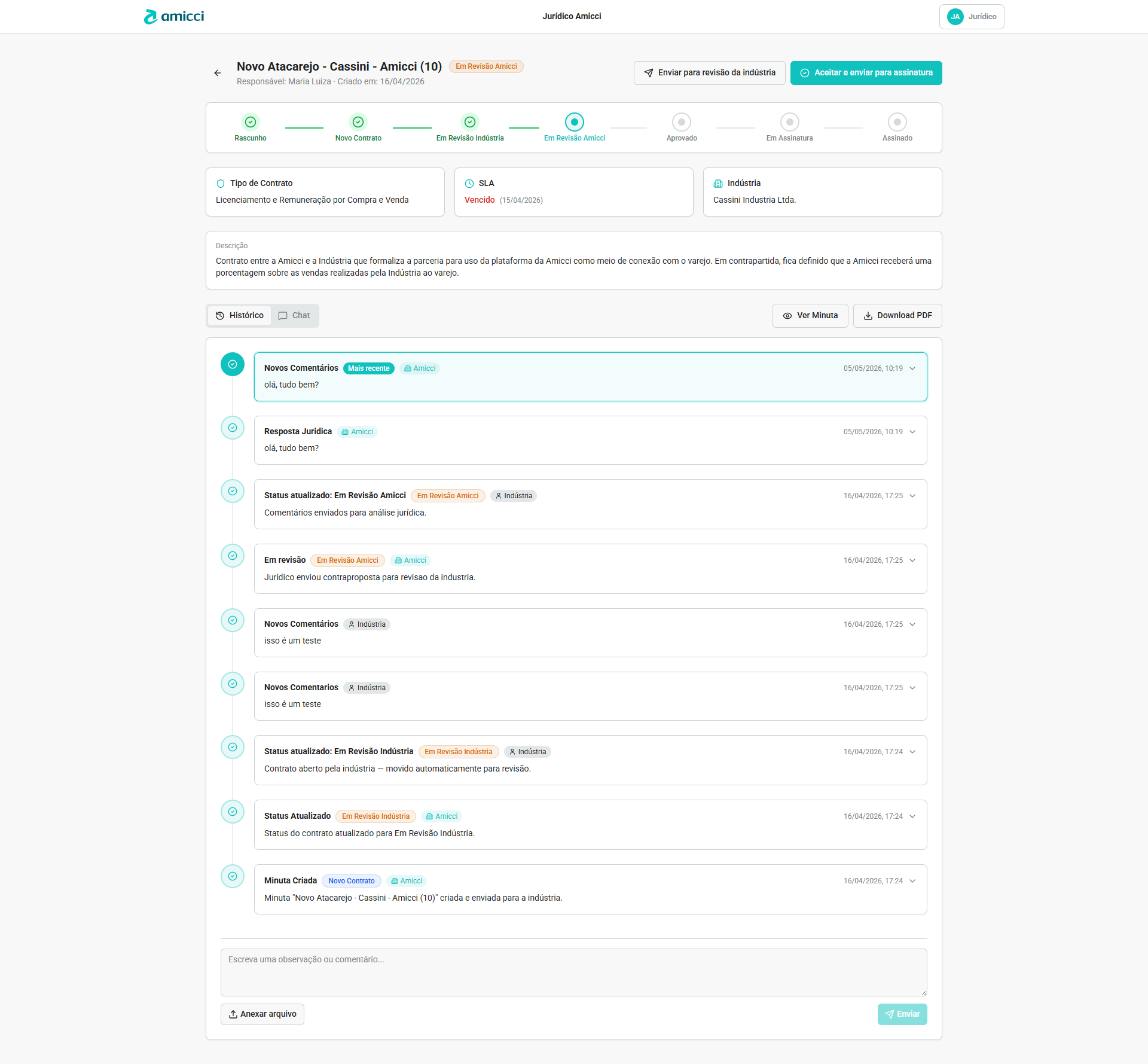 Jurídico — análise, histórico e ações refletidas sobre o mesmo workflow.