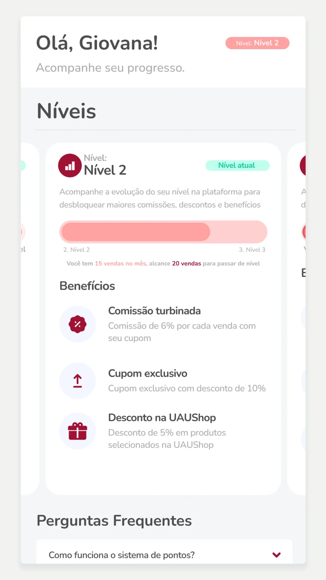 Afiliados — progresso e benefícios de cada nível tornavam visível o caminho de evolução.