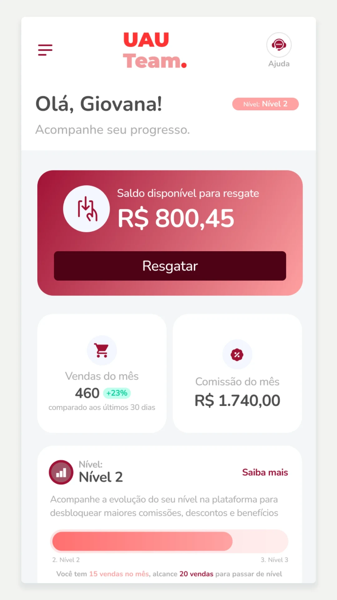 Afiliados — saldo, vendas e evolução colocados no primeiro nível da experiência mobile.